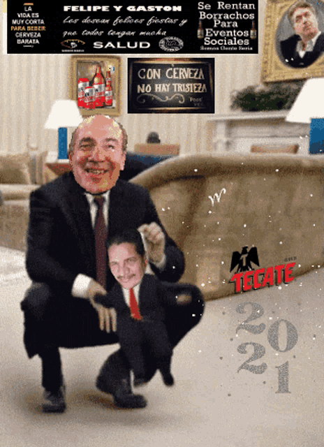 a man in a suit and tie is squatting down next to a tecate sign