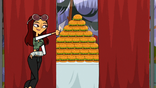 a cartoon girl is standing in front of a table full of hamburgers