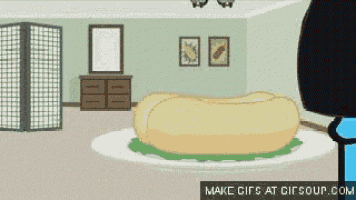 a cartoon of a room with a hot dog on a plate
