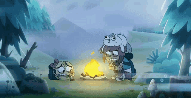 a couple of cartoon characters sitting around a campfire with a cat on their head