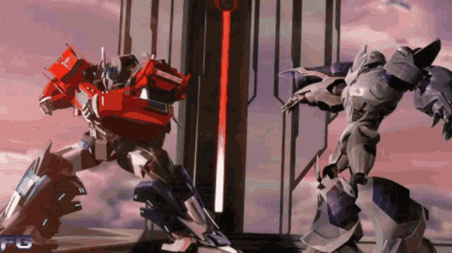 two robots are fighting with the letters fg on the bottom