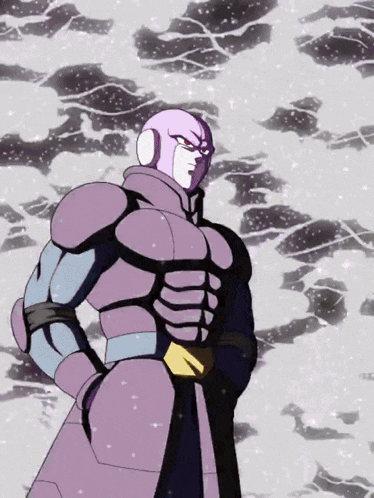a cartoon character in a purple suit stands in front of a gray background