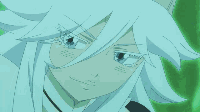 a close up of a person 's face with white hair
