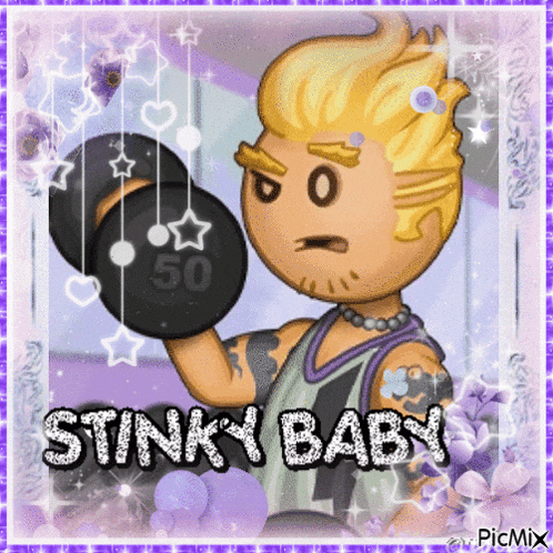 a picture of a man holding a dumbbell with the words " stinky baby " written on it