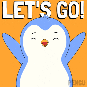 a cartoon penguin says let 's go with its arms outstretched