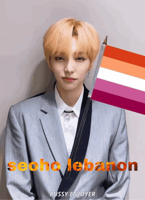 a poster for seoho lebanon shows a man in a suit holding a flag