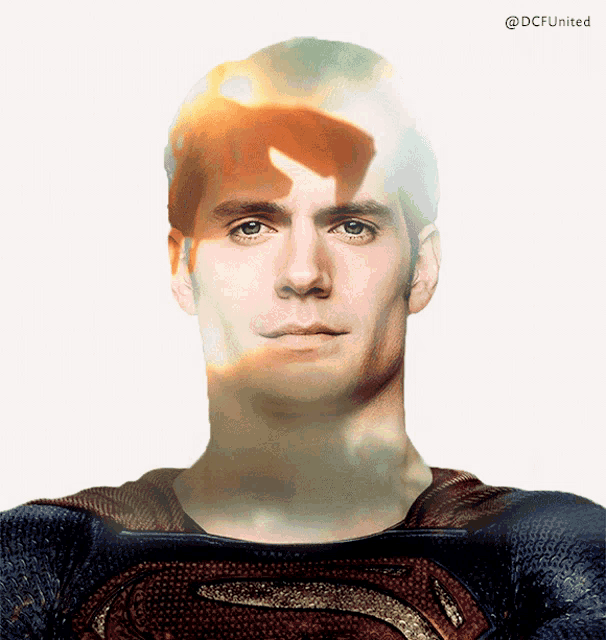 a close up of a man 's face with a shadow of superman behind him