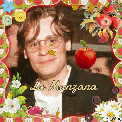 a picture of a man with glasses and the words la manzana