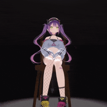 a girl with purple hair is sitting on a chair with a triangle on her chest