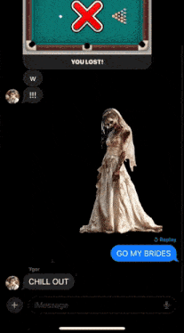 a bride in a wedding dress is standing in front of a pool table with an x on it
