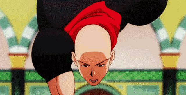 a cartoon character is doing a handstand with a bald head