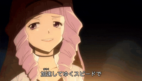 a cartoon girl with purple hair is smiling and says " 加速 し て ゆく スピード で " in japanese