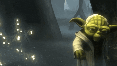a cartoon of yoda with a cane standing in a dark forest