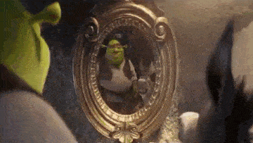 shrek is looking at himself in a mirror while shrek is standing next to him .