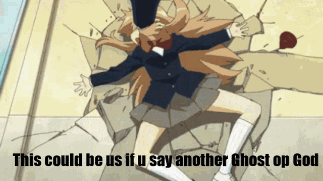 a girl in a school uniform is laying on the ground with the words this could be us if u say another ghost