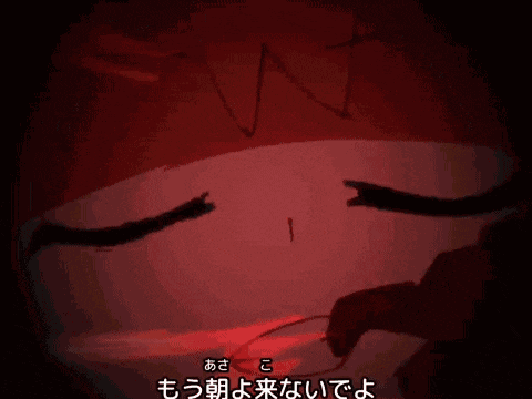 a close up of a cartoon character with red eyes and japanese writing