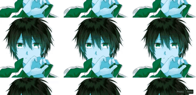 a row of images of a boy with green hair and a privacy terms button at the bottom