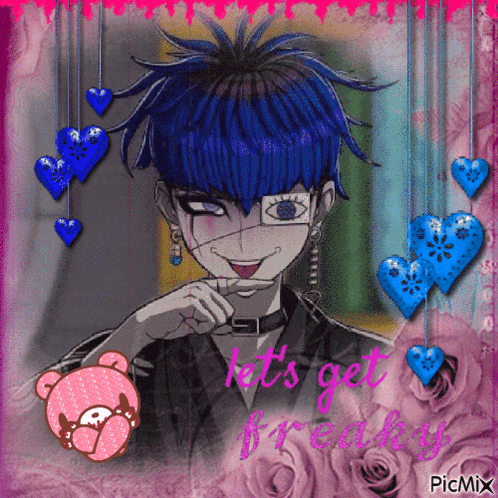 a picture of a boy with blue hair and a pink teddy bear with the words let 's get freaky written on it