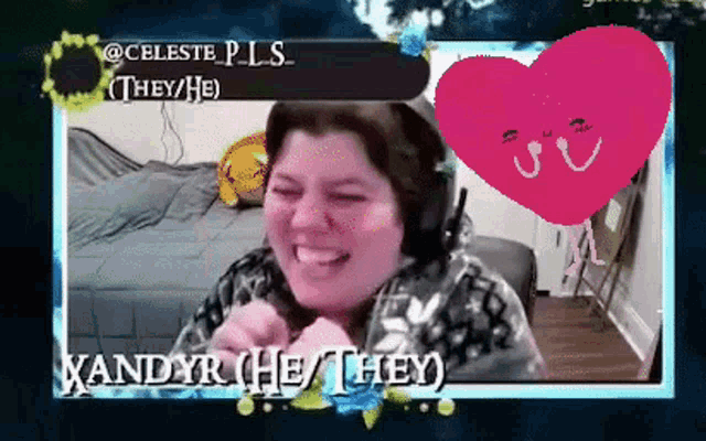 a woman wearing headphones is smiling in front of a pink heart that says xandyr