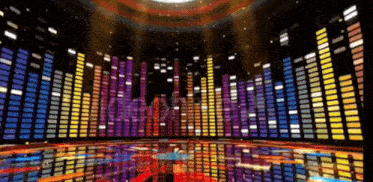 a computer generated image of a stage with a rainbow colored equalizer