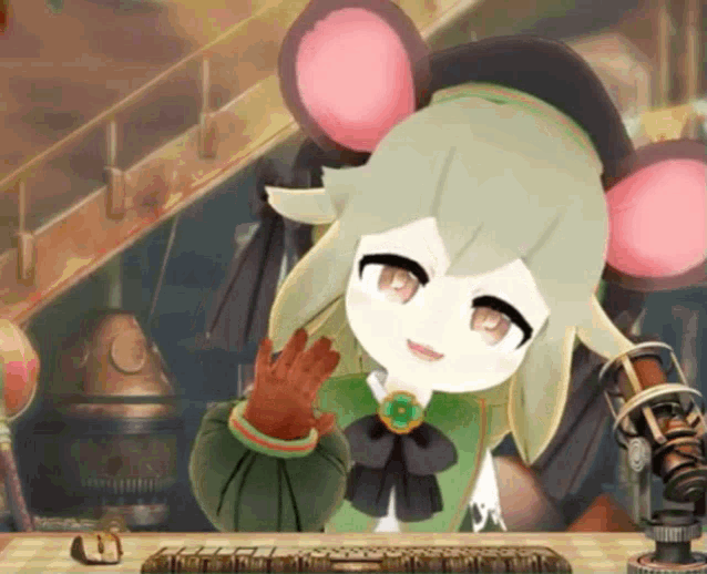 a cartoon character with a mouse ear is sitting at a desk in front of a keyboard