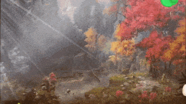 a painting of a forest with trees and flowers in the background