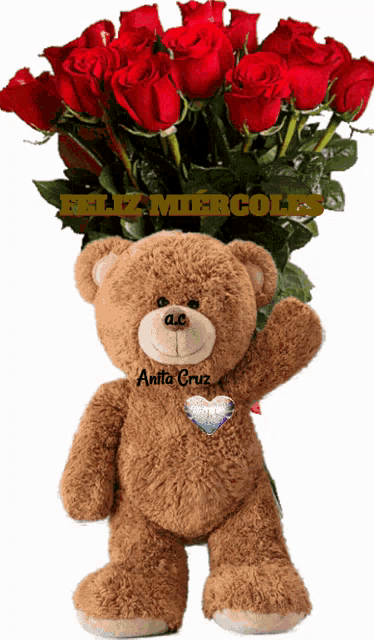 a teddy bear with the name anita cruz on it stands in front of a bouquet of red roses
