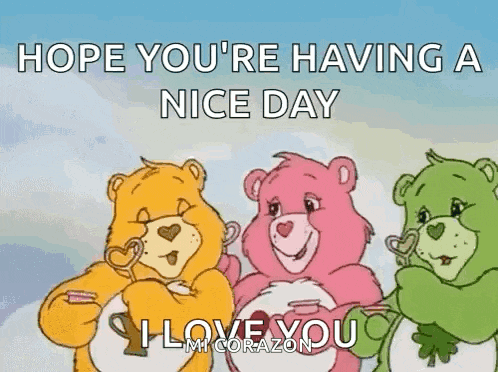 three care bears are standing next to each other with hearts on their faces .