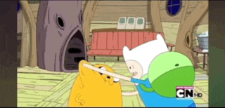 finn and jake from adventure time are fighting in a room