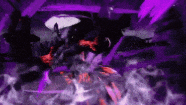 a person is holding a sword in a dark room with purple smoke coming out of them .