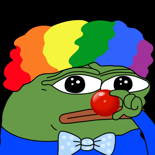 a green frog wearing a rainbow clown wig and bow tie