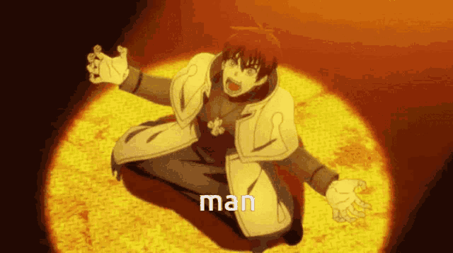 a man is kneeling down with his arms outstretched and the word man is on the bottom of the image