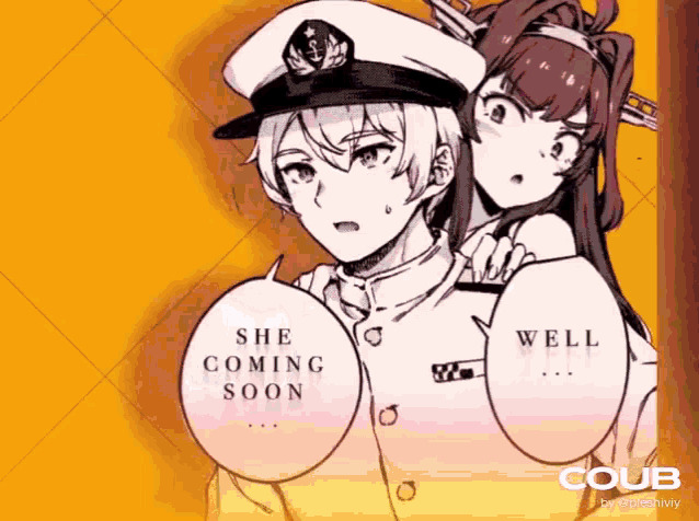a man and a woman are standing next to each other and the woman is saying she coming soon