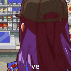 a girl with purple hair is wearing a baseball cap and holding a slice of pizza