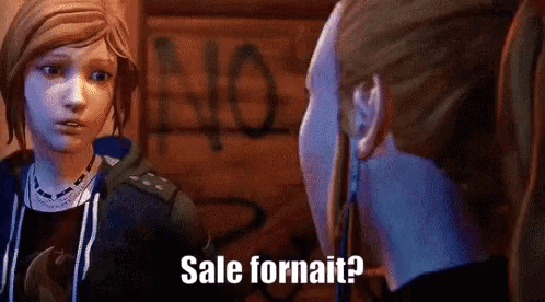 a video game character talking to another character with the words sale fornait