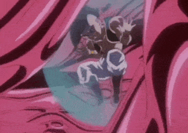 a cartoon character is standing in front of a pink background in a room .