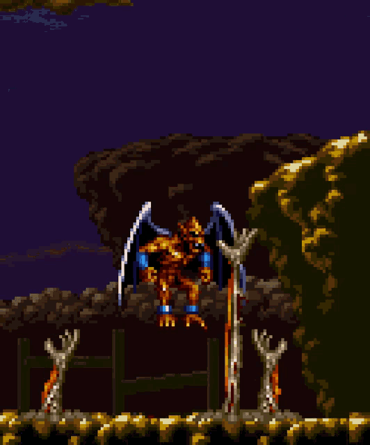 a pixel art drawing of a monster with wings and blue arms