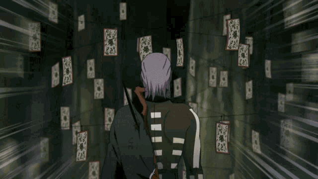 a cartoon of a man with purple hair and a scar on his arm