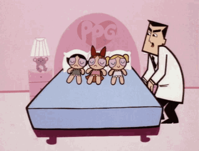 a man in a lab coat is standing next to a bed with three stuffed animals on it
