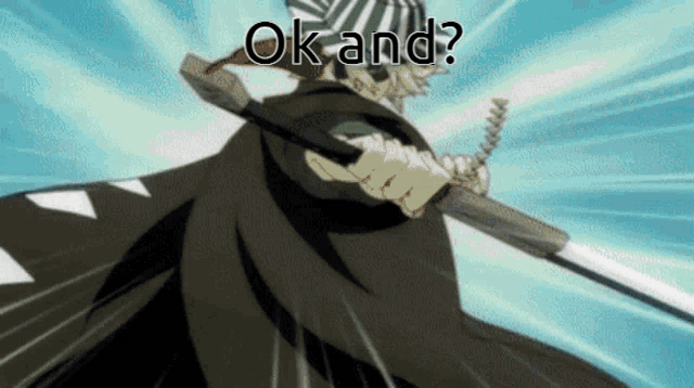 a cartoon character is holding a sword with the words ok and written on it