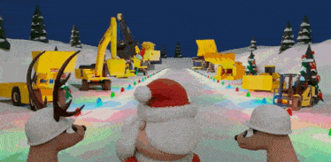 a cartoon scene with santa claus and reindeer looking at construction equipment