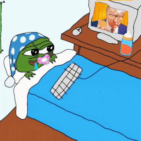 a cartoon of a baby frog with a pacifier watching donald trump on a computer