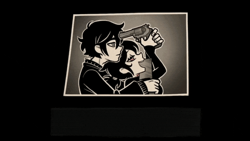 a black and white drawing of a man holding a gun to a woman 's head and the words ashley guess what