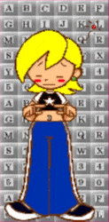 a cartoon girl is standing in front of a keyboard with the letters abcdefghijklmnopqrstuvwxyz written on it