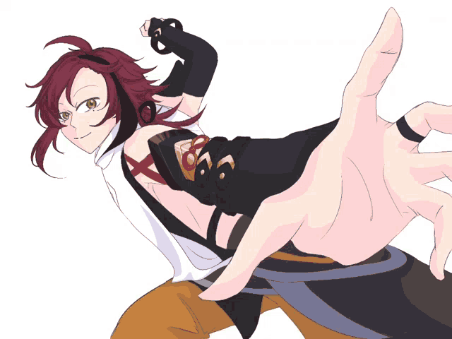 a drawing of a girl with red hair and green eyes reaching out