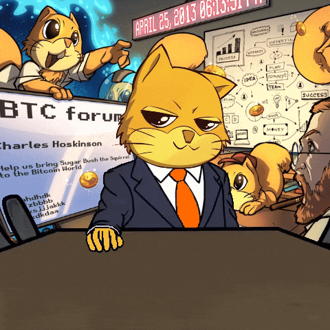 a cartoon drawing of a cat in a suit and tie sitting in front of a btc forum sign