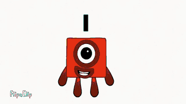 a cartoon character with a red square and a black eye is standing on a white surface .