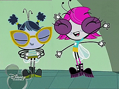 two cartoon characters are standing next to each other with a disney channel logo in the corner