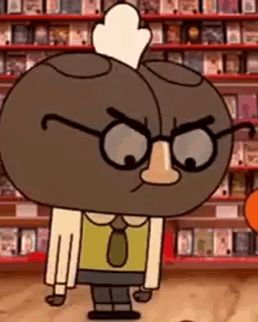 a cartoon character wearing glasses and a tie is standing in front of a bookshelf in a library .