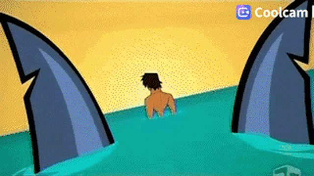 a cartoon of a man swimming in the ocean with sharks